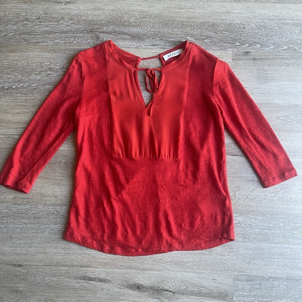 Sandro Paris Women's Linen Silk Blouse Small Red Keyhole Neck Tie New Other $132